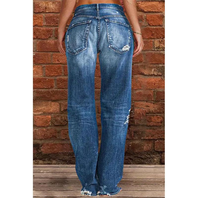 Women's Denim Trend Mid Waist Ripped Leisure Straight-leg Pants