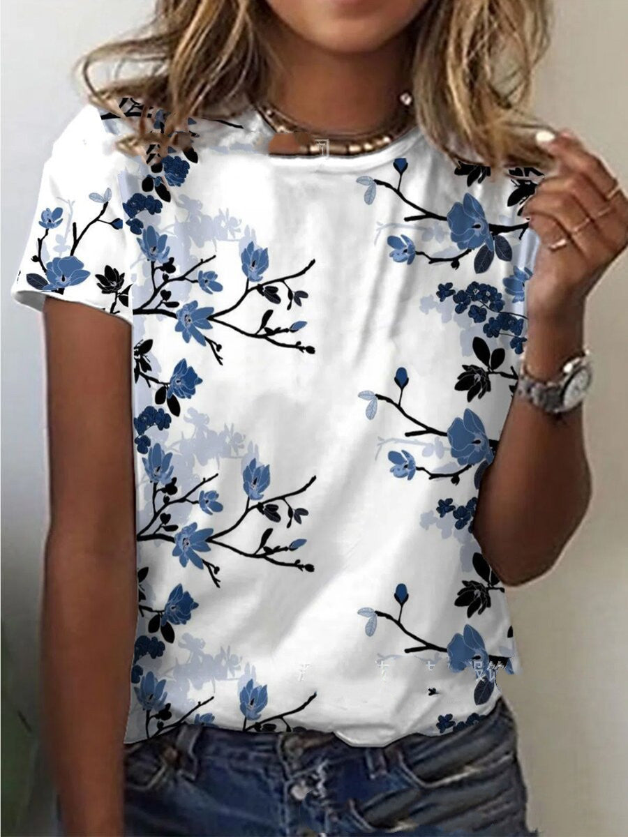 New Women's Wish Floral Print Blouse Round Neck Short-sleeved T-shirt