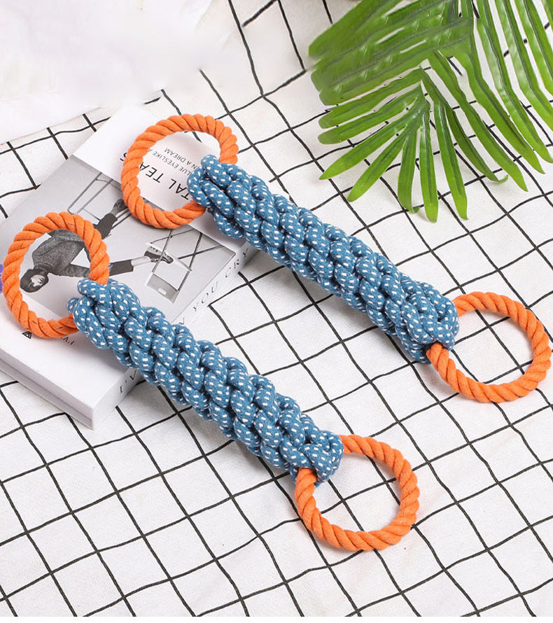 Pet Dog Toy Double-ring Chewable Cotton Knot Toy Tooth Cleaning Durable Braided Bone Rope Pet Teething Toy Pet Supplies