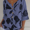 Pattern Print Cotton And Linen V-neck Short Sleeve Pullover Shirt