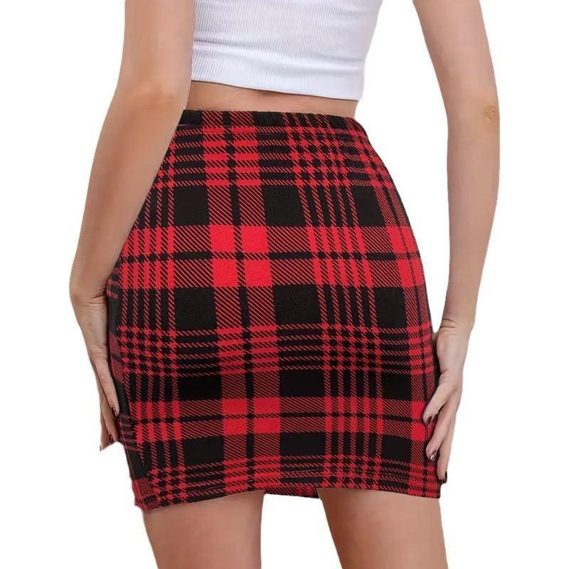 Striped Plaid Contrast Color Hip Skirt High Waist Slit Skirt