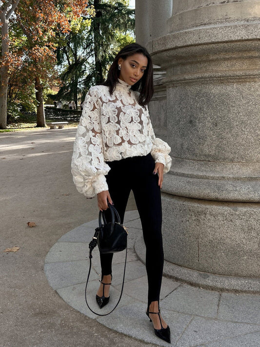 White Floral Pearl Textured Shirt