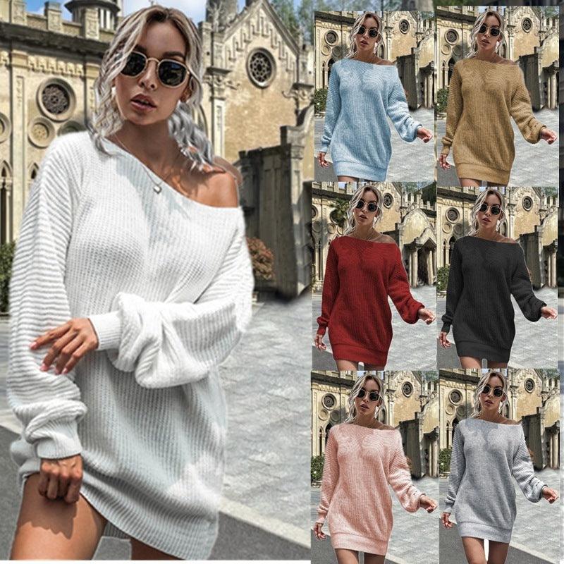 Women's Casual Off-the-shoulder Lantern Sleeve Knitted Sweater Dress