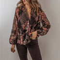 V-neck Long Sleeve Top Floral Print Women's Chiffon Shirt Women