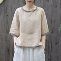 Artistic Retro Cotton And Linen Solid Color Embroidered Crew Neck Half Sleeve