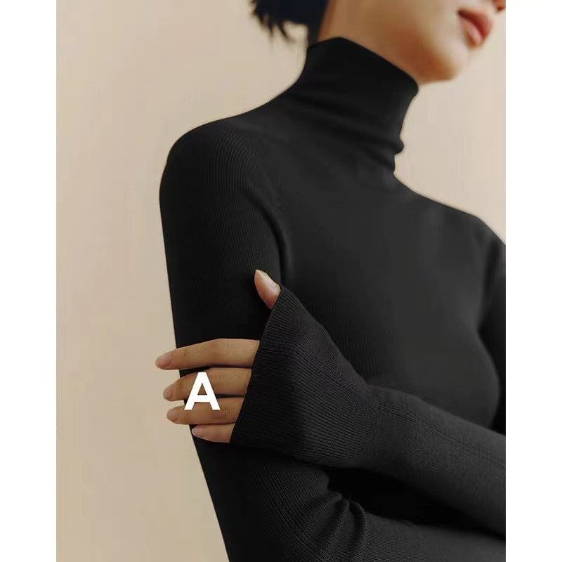 French Style Black Pile Collar Turtleneck Wool Sweater