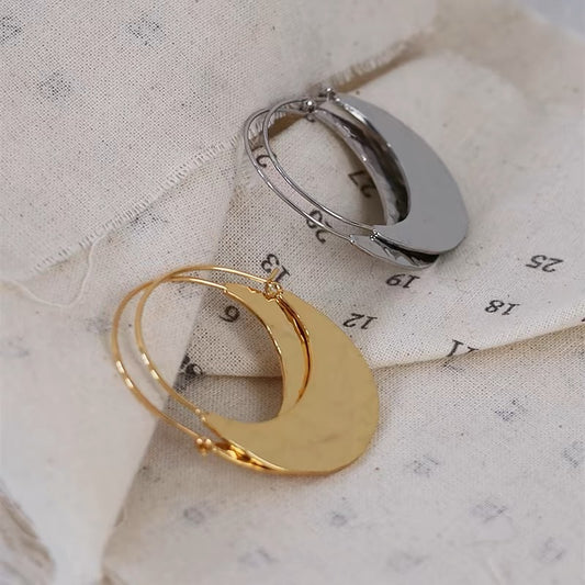 Hammer Surface Oval Earrings Temperament Unique Gold-plated Fan-shaped