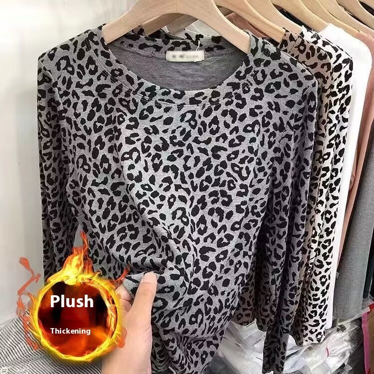 Fashionable Leopard Print Long Sleeve All-match Round Neck Bottoming Shirt