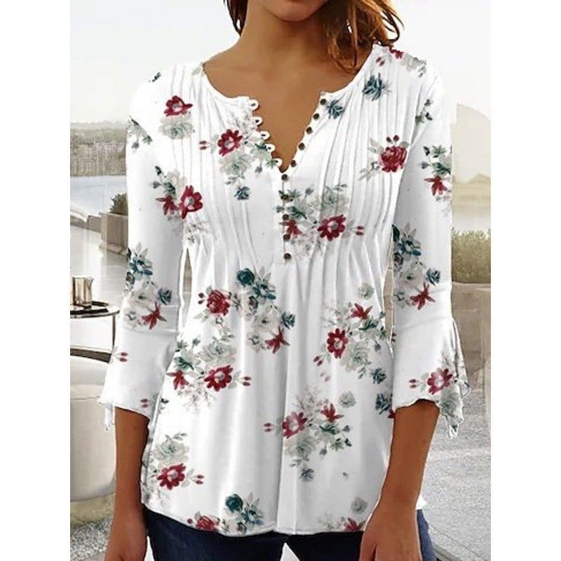 Women's Digital Printing V-neck Long-t-shirt