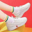 Ladies Casual Mesh Breathable White Shoes Lace Up Platform Shoes