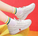 Ladies Casual Mesh Breathable White Shoes Lace Up Platform Shoes