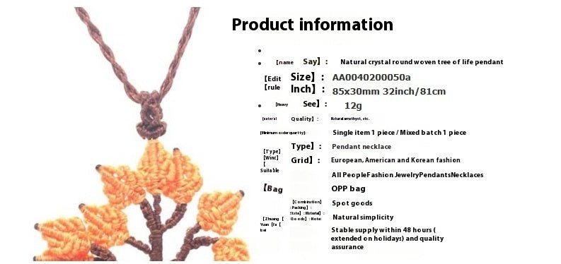 Natural Crystal Round Woven Tree Of Life Pendant Hand Woven Fashion