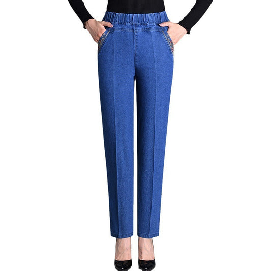 Thin Elastic High Waist Denim Straight-leg Trousers