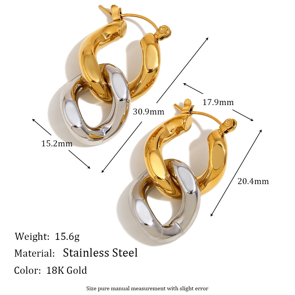 18K Gold Two-color Chain Stud Earrings For Women