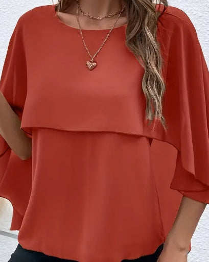 Solid Layered Cloak Sleeve Blouse, Versatile Crew Neck Blouse For Spring & Fall, Women's Clothing