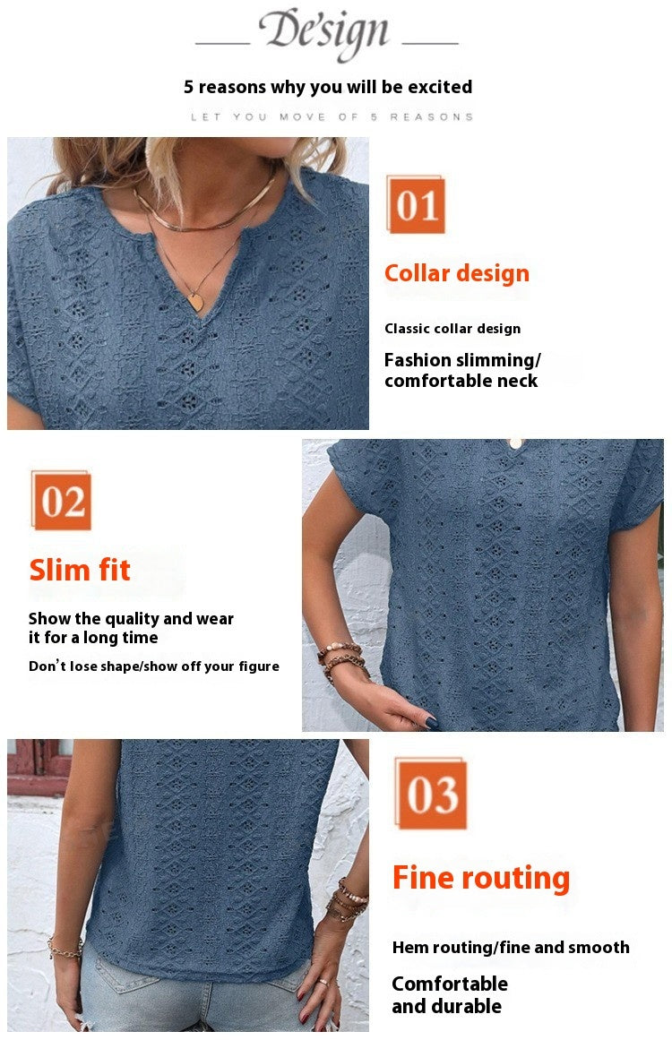 Women's Casual Hollow Out V-neck K Short Sleeve Bath Sleeve Slim T-shirt Top