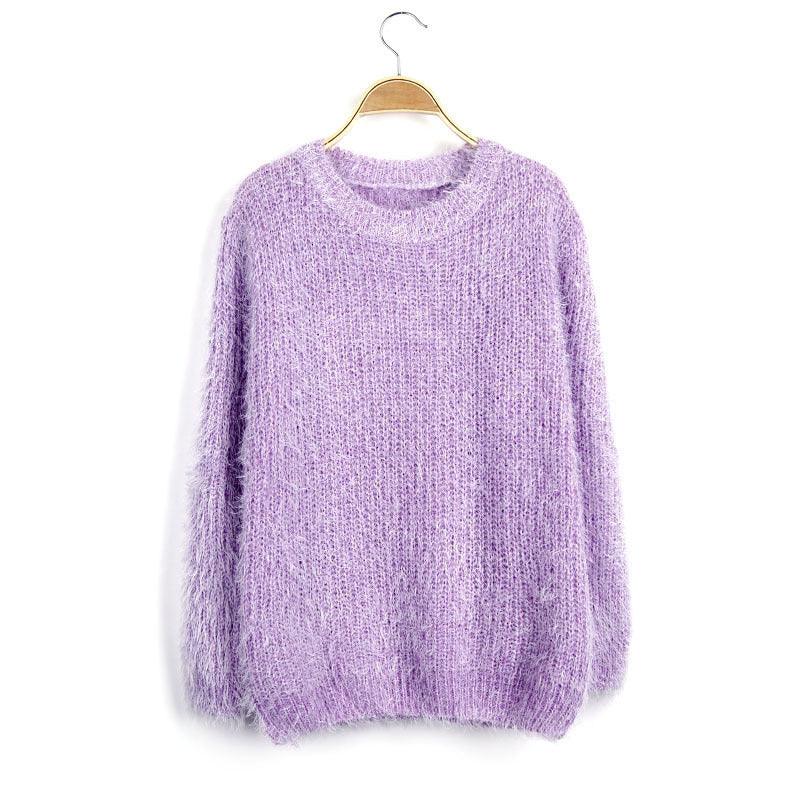 Women's Loose Candy Colored Mohair Pullover Sweater