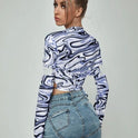 Abstract Printed Slim Cropped Long-sleeved Top