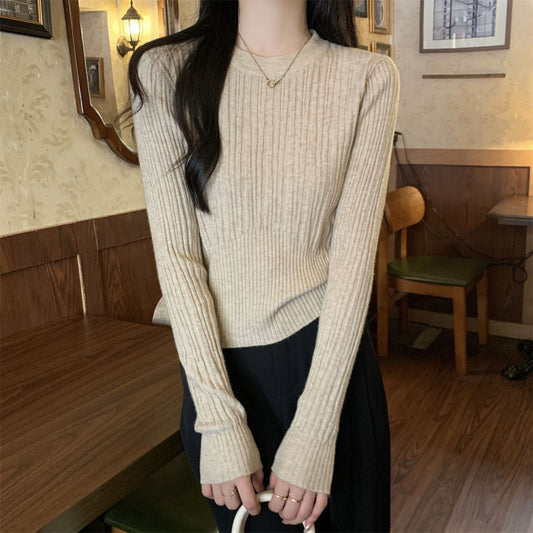 Korean Style Sunken Stripe Round Neck Long Sleeve Sweater