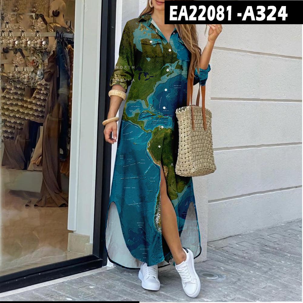 Women's Map Digital Printing Fashion Shirtdress