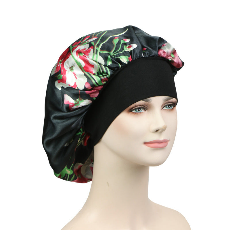 New Satin Print Nightcap Wide-brimmed Elastic Shower Cap