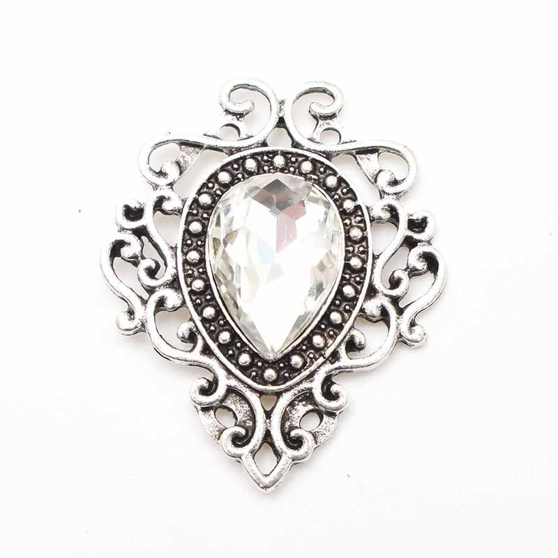 Antique Silver Alloy Flower Plate Water Drop Gem Brooch