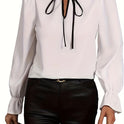 Women's Solid Trim Tie Long Ruffle Sleeve Shirt