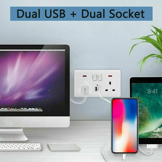 Double Wall Plug Socket 2 Gang 13A W 2 Charger USB Outlets Flat  UK