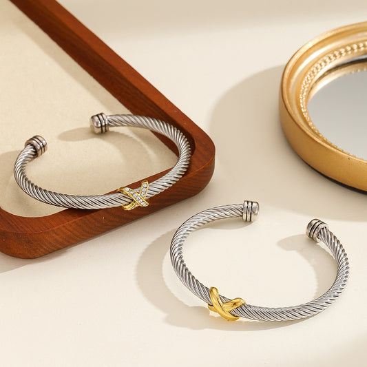 1PCS Fashionable Personalized 8-character Cross Steel Wire Bracelet,Open Bracelet, Simple Versatile Trendy Diamond Bracelet, Suitable For Men And Women To Wear, Holiday Jewelry Gift