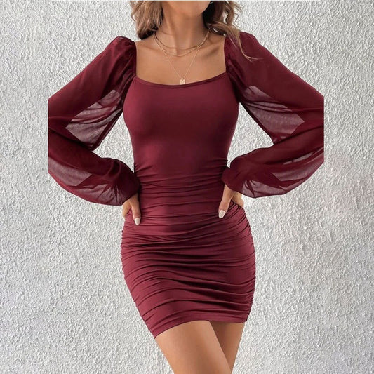 Mesh Stitching Ruffle Slim Fit Dress Women