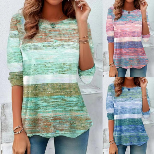 Round Neck Long Sleeve Striped Tie-dye Casual Top