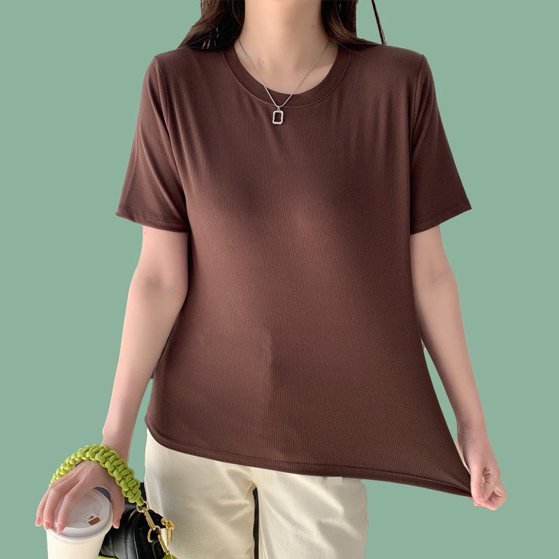 Women's Round Neck Bottoming Shirt Knitted Top T-shirt With Short Sleeves