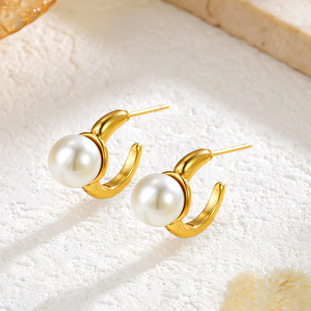 Fashion Stainless Steel C- Shaped Earrings Simple Pearl