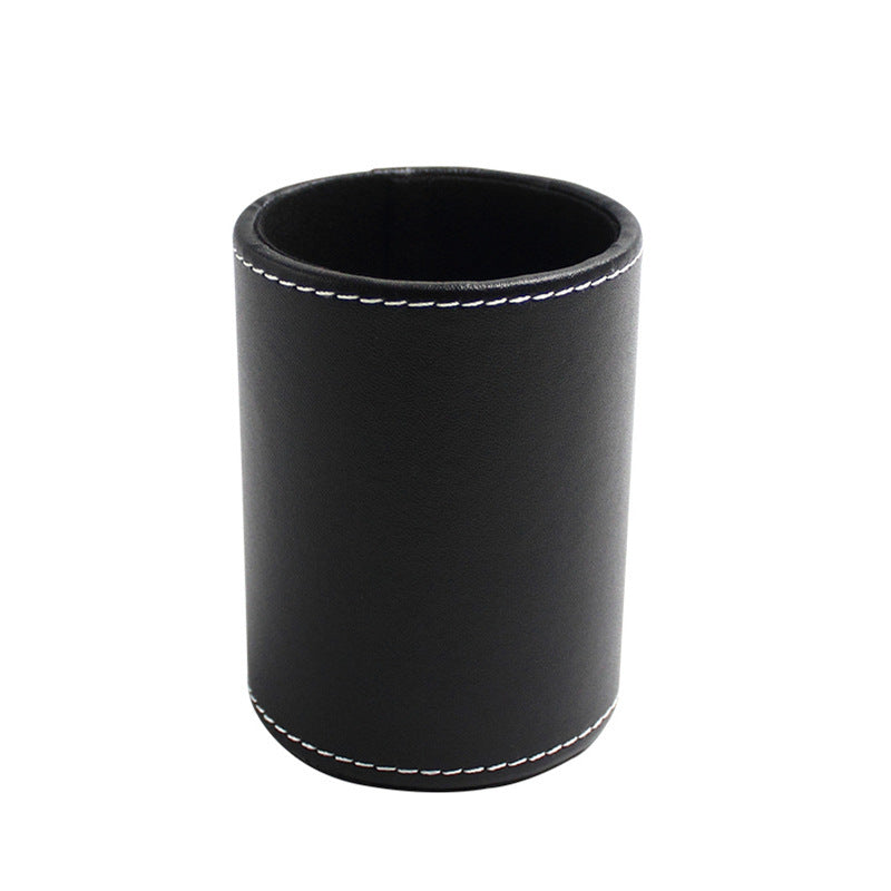 Round Small Size Black Leather Pen Container Student Office Unisex