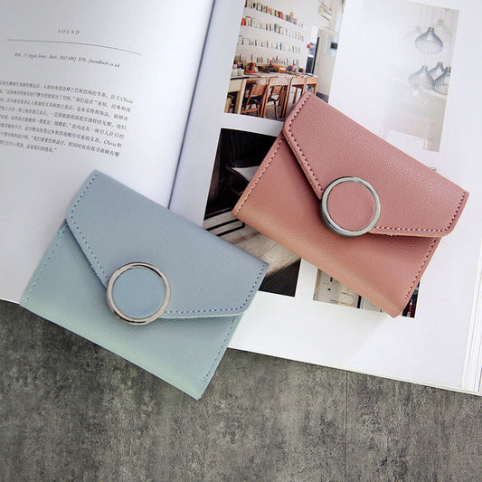 Ring British Retro Lychee Pattern Women's Solid Color Tri-fold Wallet