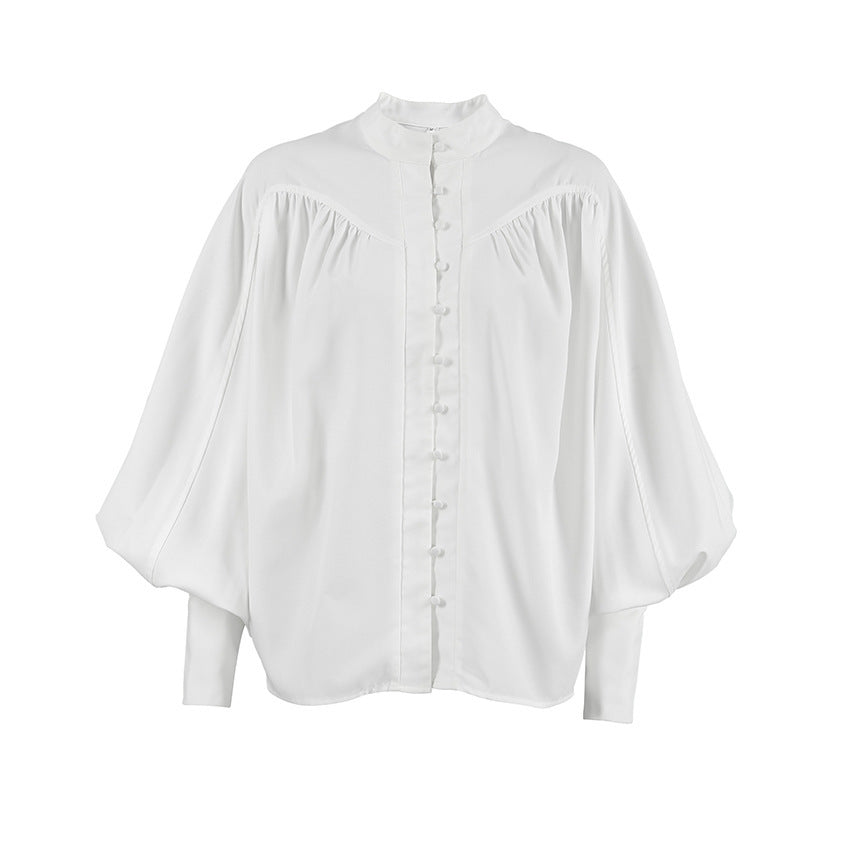 White Casual Small Stand-up Collar Puff Sleeve Pleated Shirt