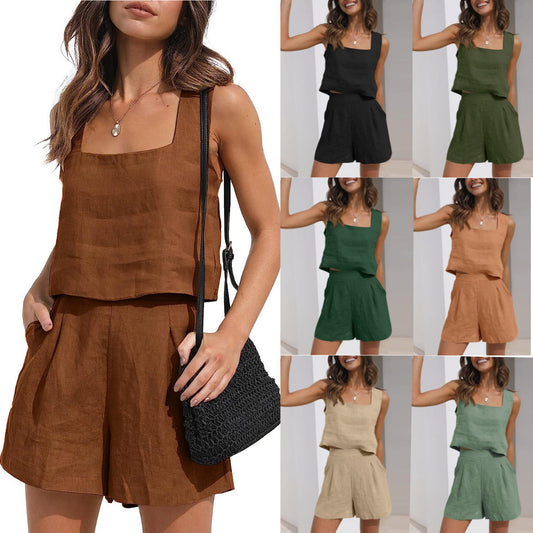 Casual Cotton Linen Sleeveless Square Collar Top Two-piece Shorts Suit