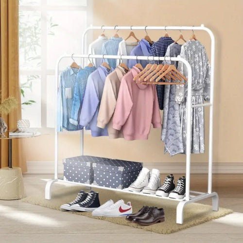 Multifunctional Coat  Clothing Double Rod Hanger With Shelf Freestanding White