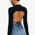 Crop Top Solid Tie Backless Curved Hem