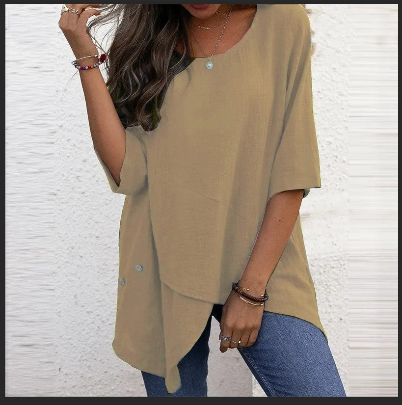 Cotton Linen Round-neck Irregular Shirt Half Sleeve Shirt