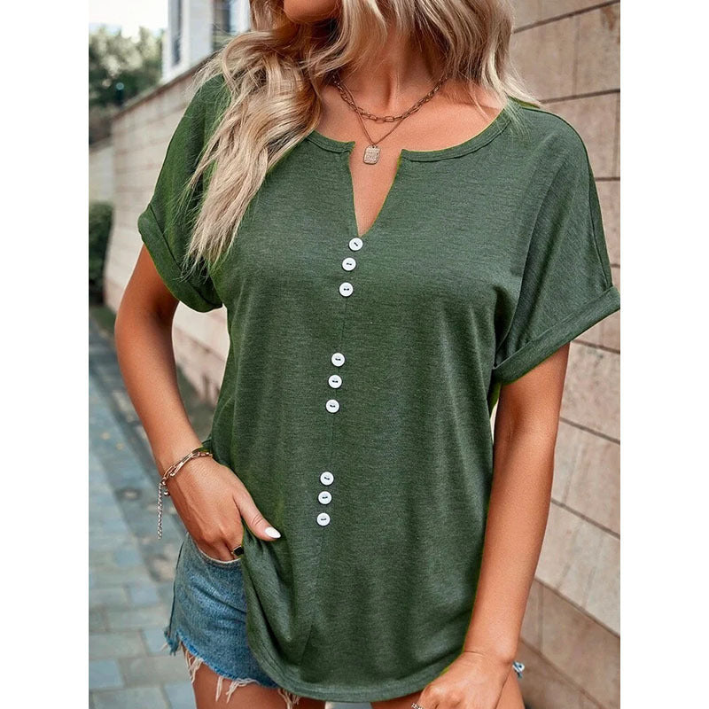 Women's Clothes Hot-selling V-neck Buttons Short Sleeve Top