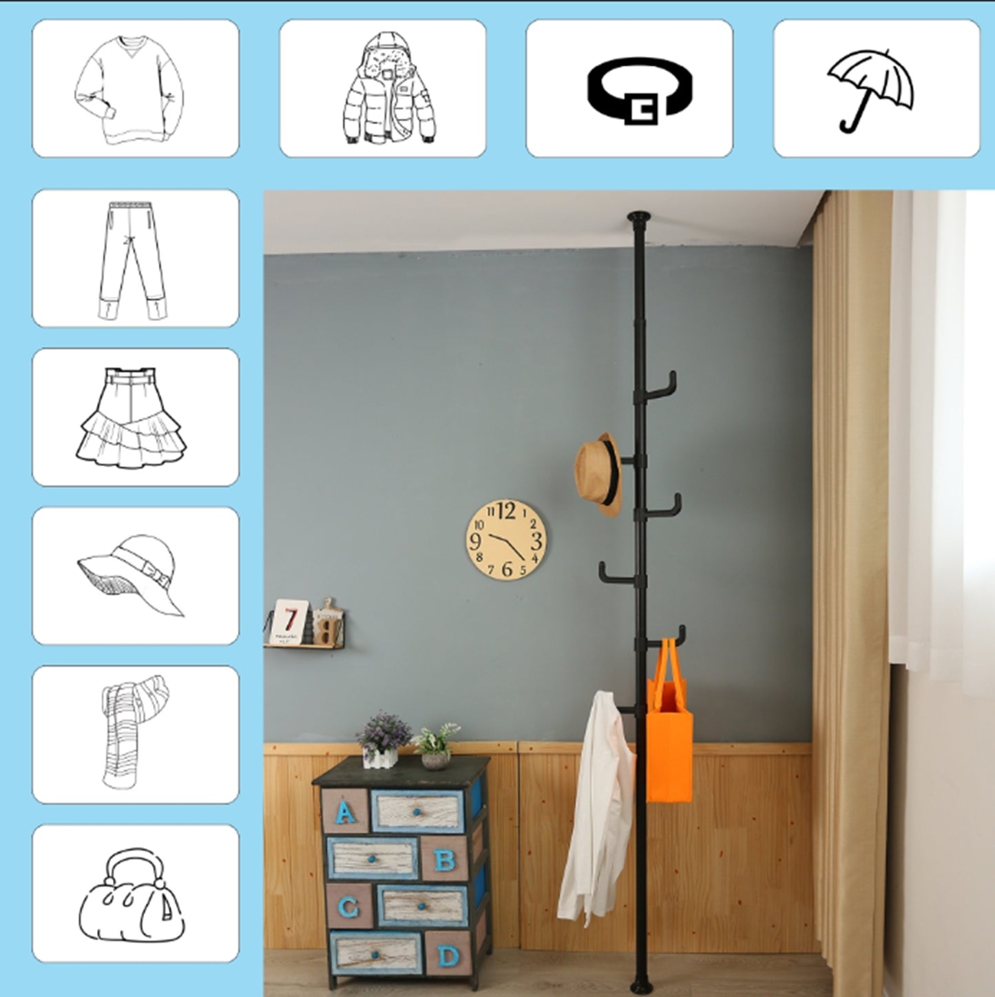 Extra Long Clothes Hanger With The Top Relying On The Ceiling And Nuclear Floor, Coat Rack Freestanding With 6 Hooks