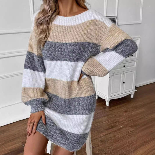 Women's Versatile Contrast Color Striped Dress Sweater