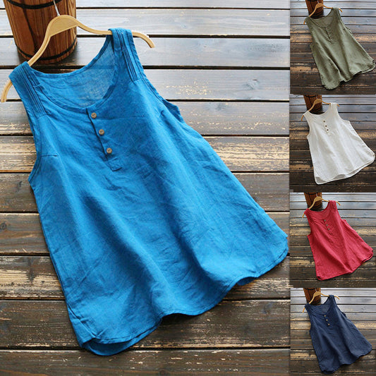 Cotton Linen Button Sleeveless Solid Color Women's Vest Top