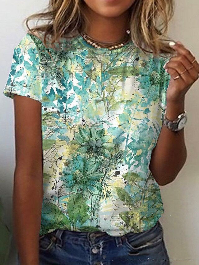 New Women's Wish Floral Print Blouse Round Neck Short-sleeved T-shirt