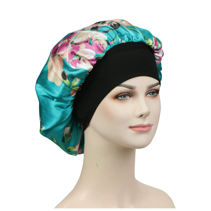 New Satin Print Nightcap Wide-brimmed Elastic Shower Cap