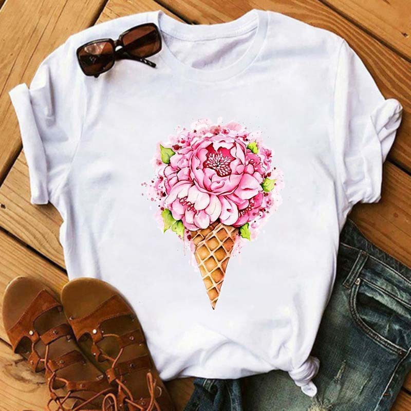 Ice Cream Flower Print Men And Women Couple Short Sleeve