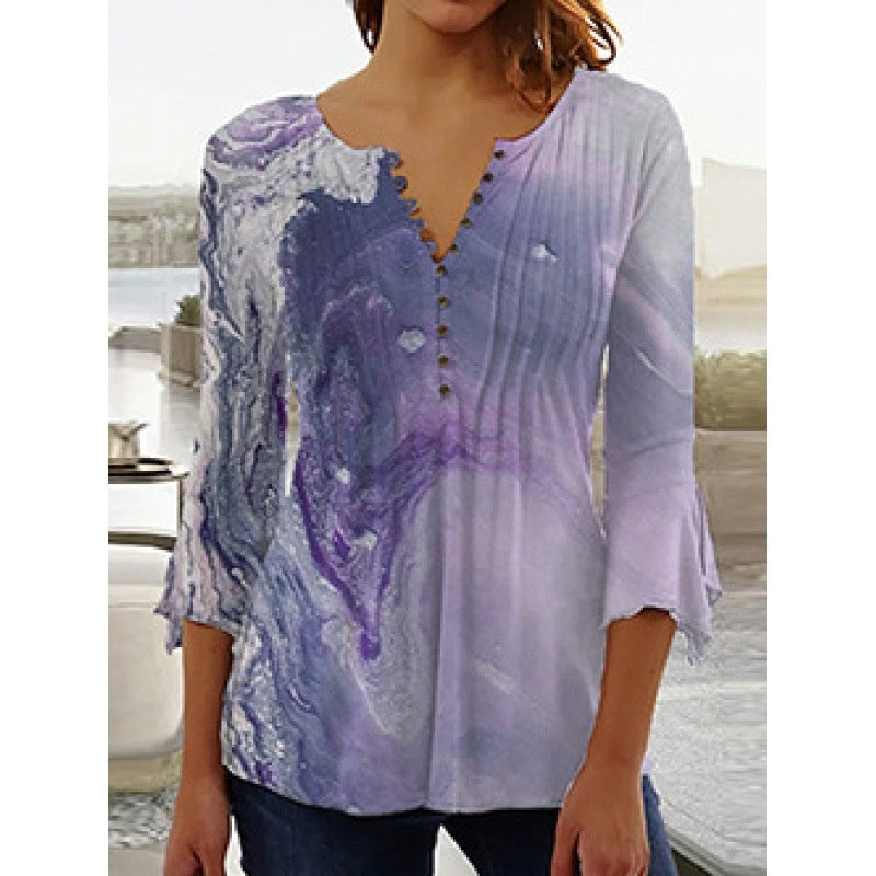 Women's Digital Printing V-neck Long-t-shirt