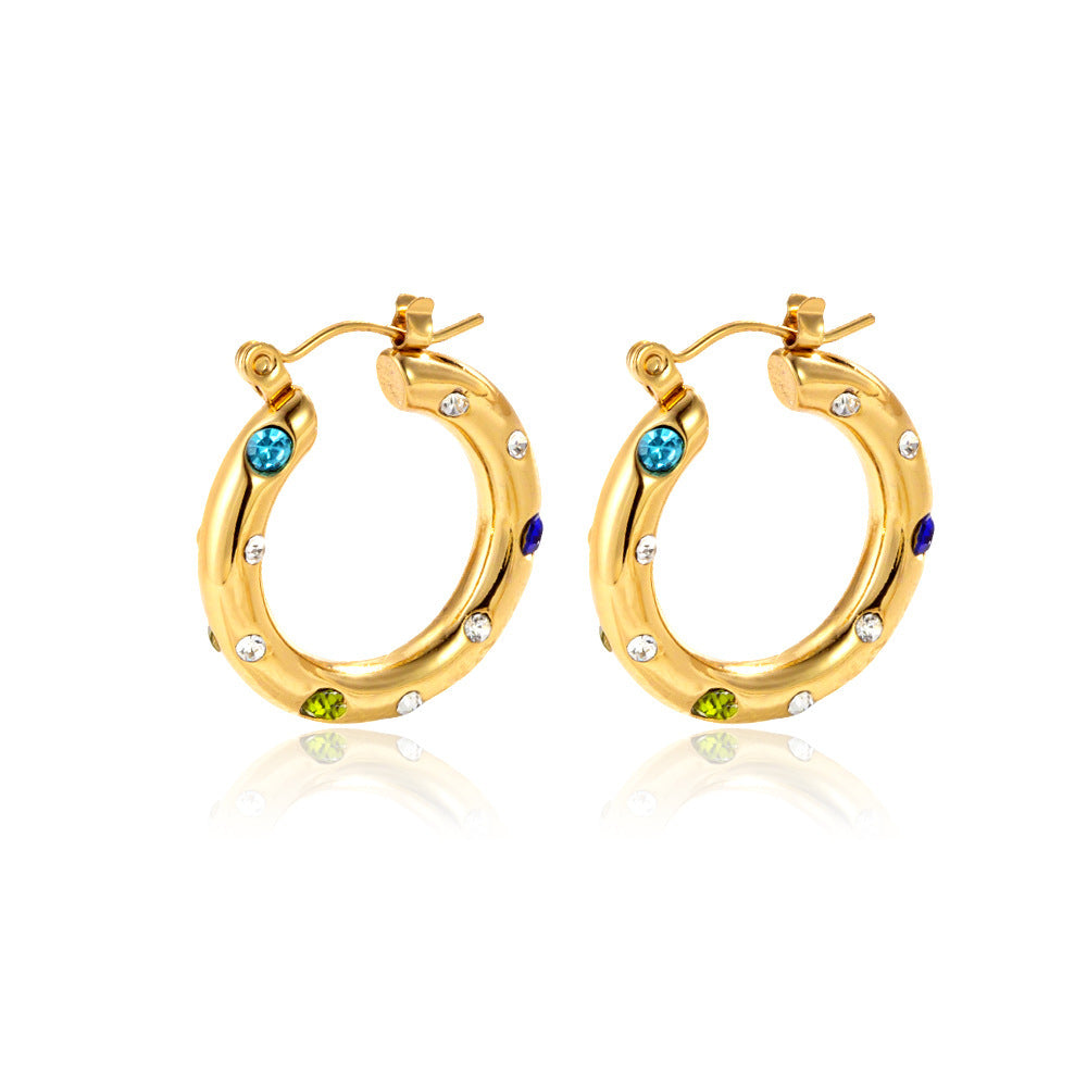 Stainless Steel Inlaid Color Diamond Round Ring Earrings Simple