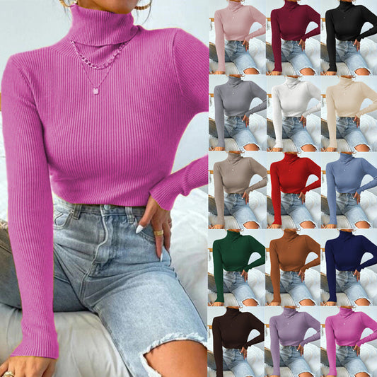 New European And American Women's High Neck Sweater Pullover Knitted Top